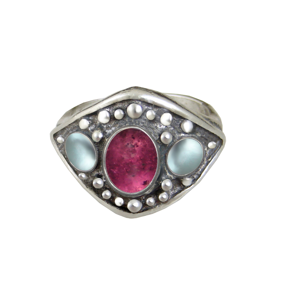 Sterling Silver Medieval Lady's Ring with Pink Tourmaline And Blue Topaz Size 8